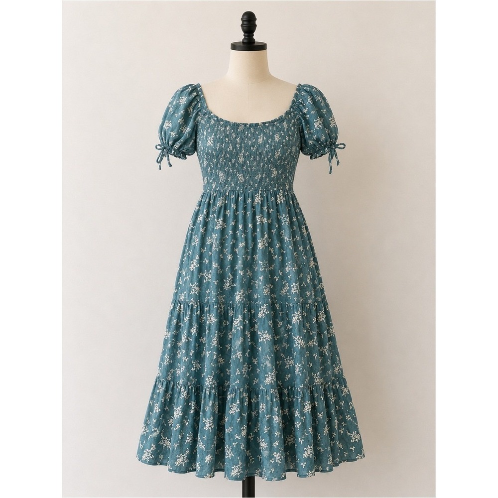 And Now This Floral Smocked Midi Dress Teal Blue Puff Sleeve Cottagecore S